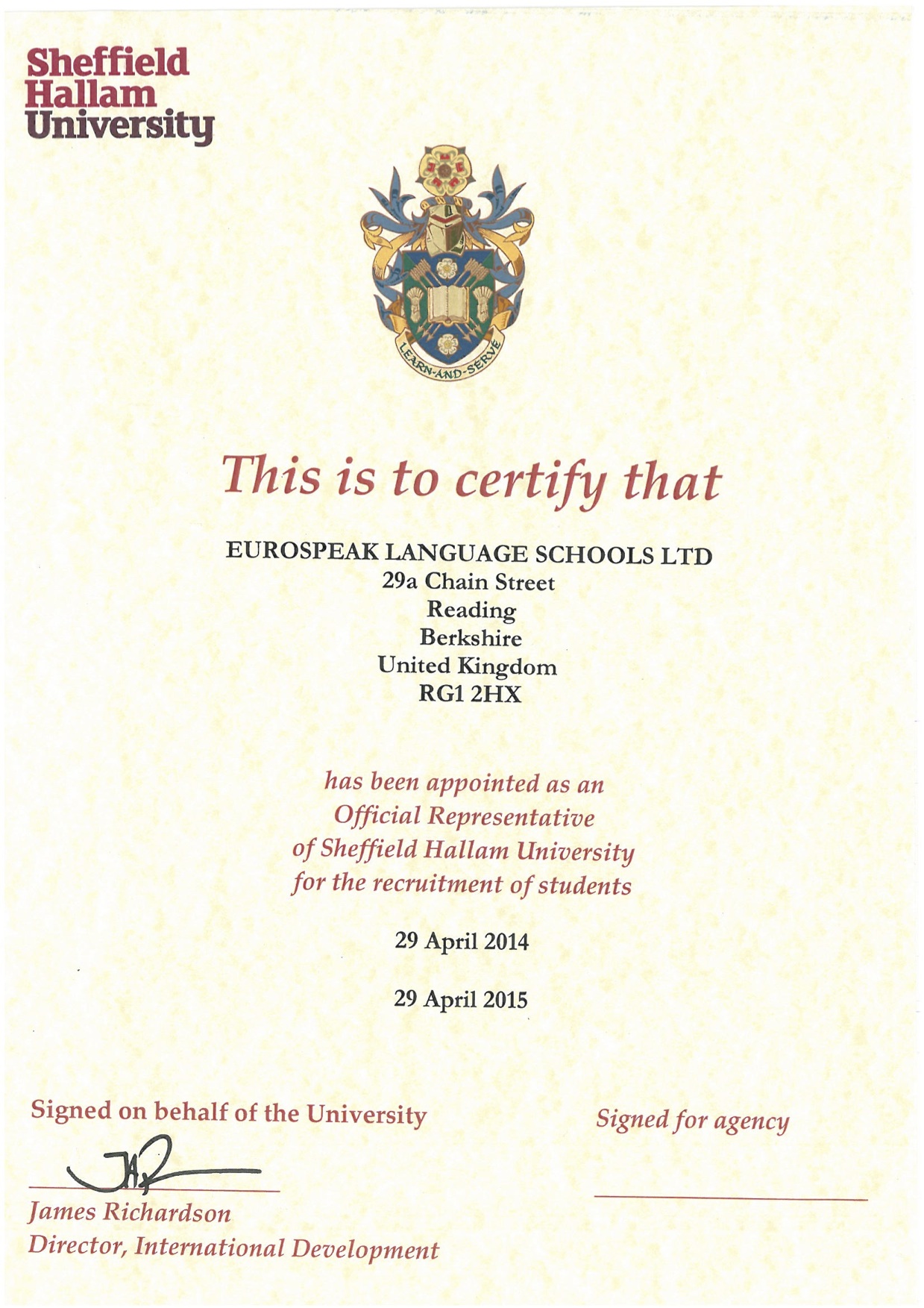 Sheffield Hallam University representation Eurospeak Language School